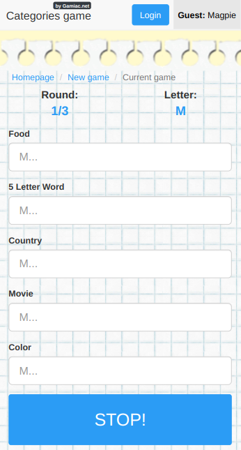 Categories game - fill words