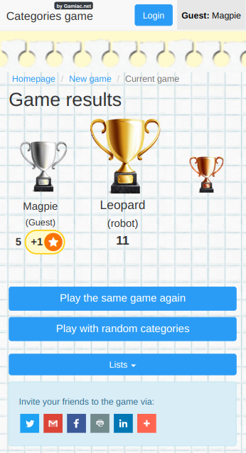Categories game - results