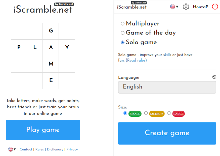 iScramble word game homepage