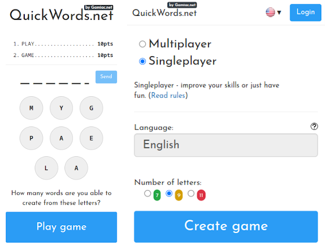 QuickWords word game homepage