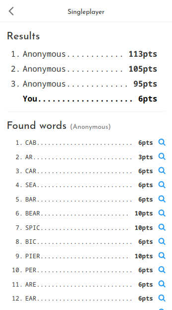 QuickWords - results